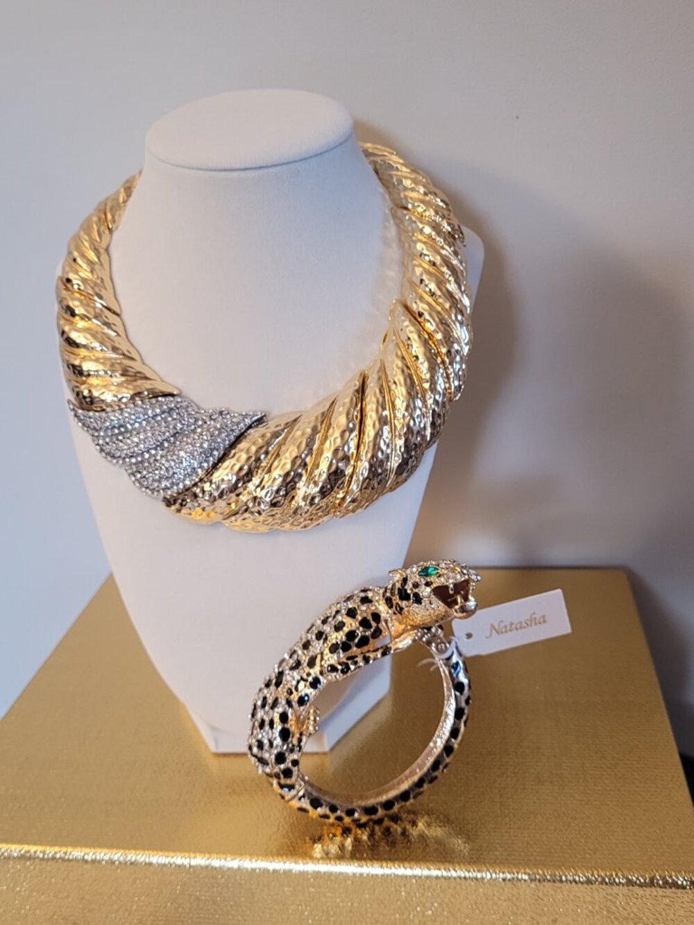 Natasha Necklace: Gold-tone with Rhinestones. Thick. Sparkly. Statement. Choker. - Picture 15 of 15